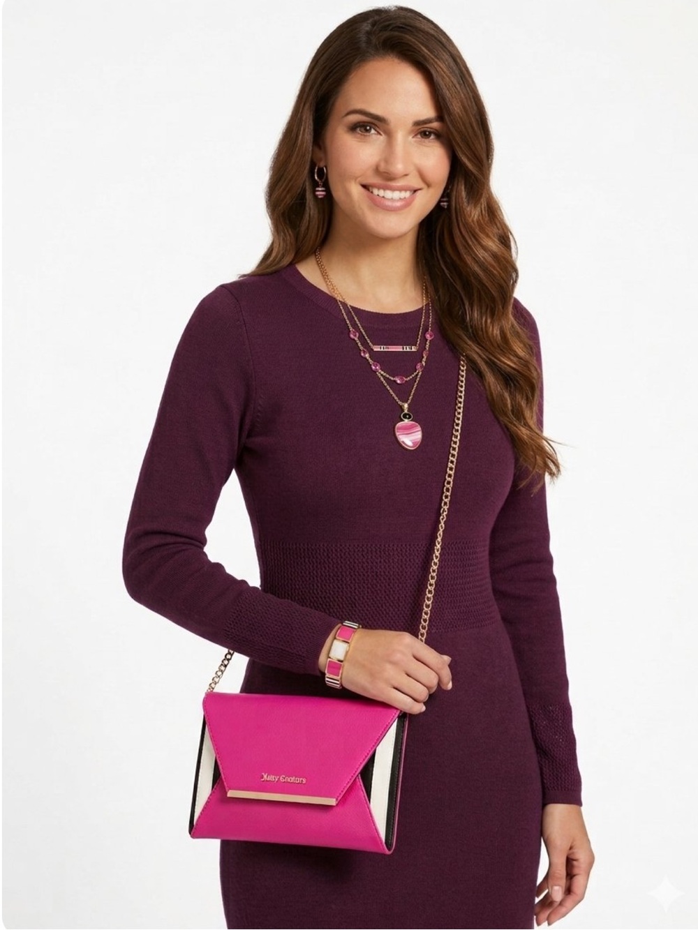 Juicy Couture Fuchsia Envelope Silver Gold Crossbody Clutch Shoulder Free Gift